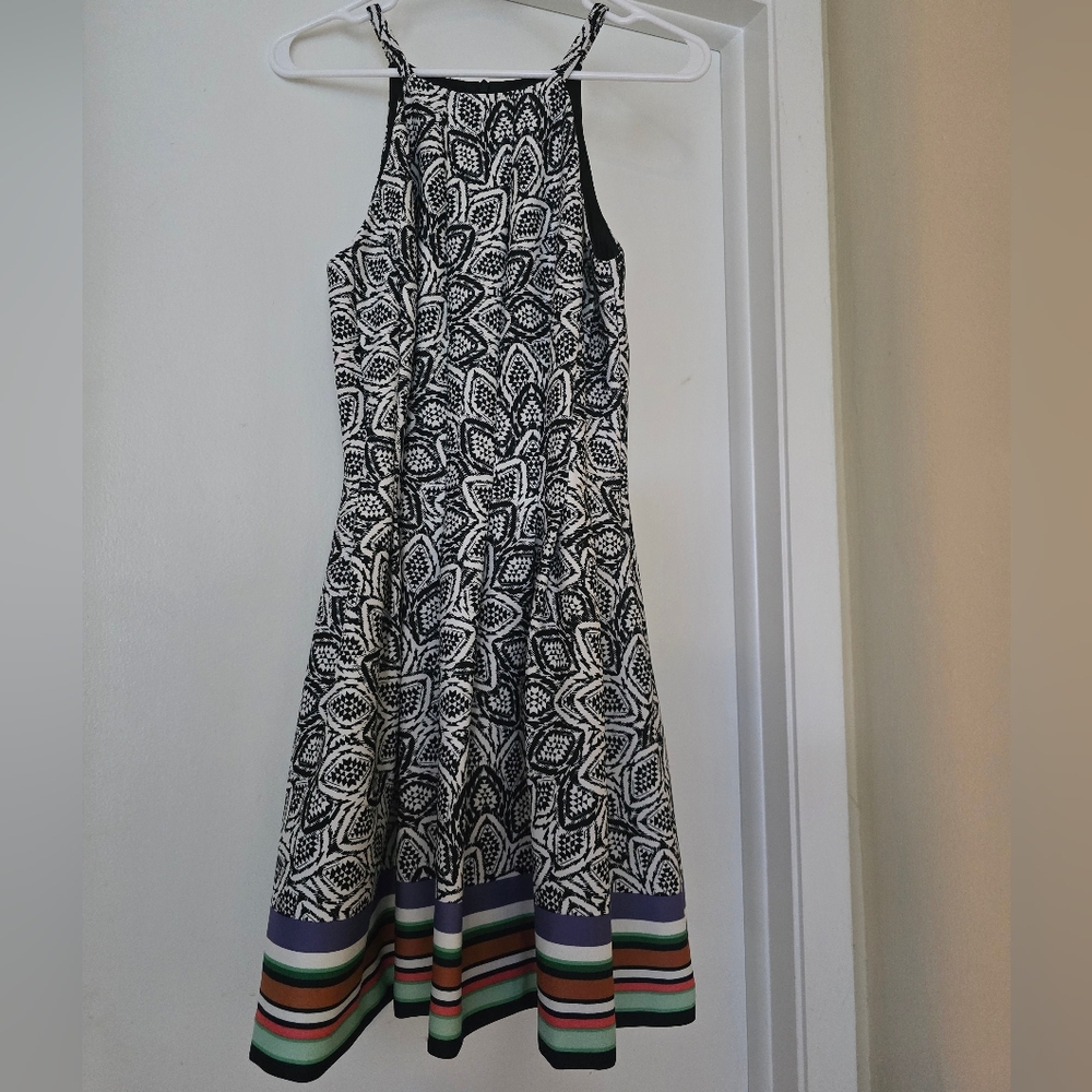 VINCE CAMUTO Geometric Medallion Fit and Flare High Neck Dress